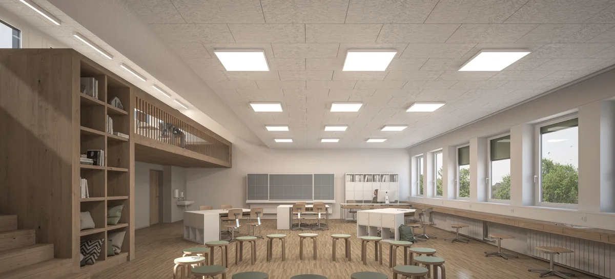 Da die Räume oben viel Platz bieten, will man hier eine Lese-Etage einbauen. Ein moderner Schulraum mit Oberlicht und Galerie.